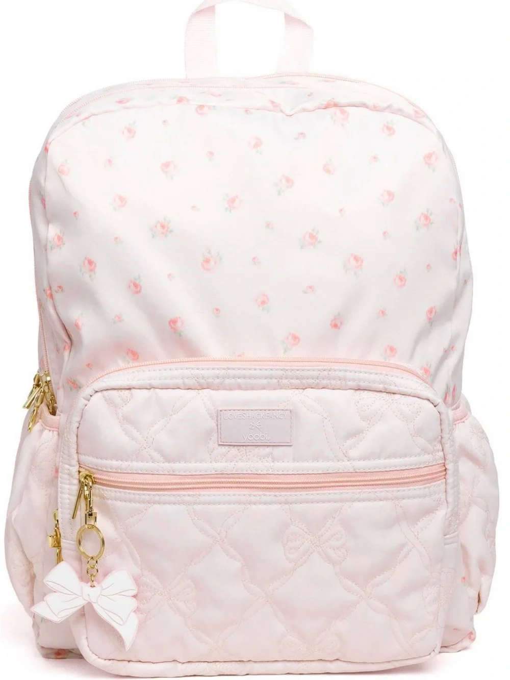 LoveShackFancy Pale Pink Quilted Floral Kids Backpack with Bow Charm
